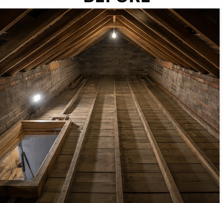 Loft floor before insulation in Coventry — exposed joists