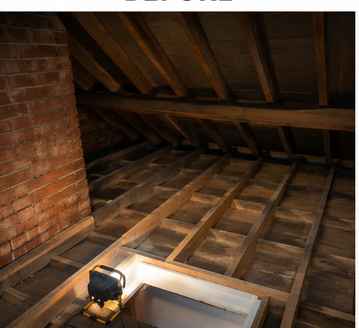Loft floor before insulation in Liverpool — exposed joists