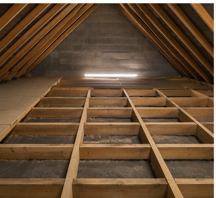 Loft floor before insulation in Swansea — exposed joists